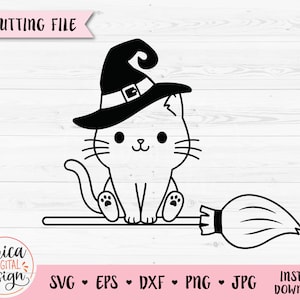 Halloween Katze SVG Cut File Hexe Katze auf Besen Süße Katze mit Hexenhut Herbst Kinder Halloween Shirt Silhouette Cricut Vinyl Lasergravur