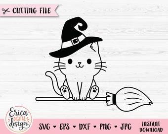 Halloween cat svg cut file Witch cat on broom Cute cat with witch hat Fall Kids Halloween shirt Silhouette Cricut Vinyl Laser engraving