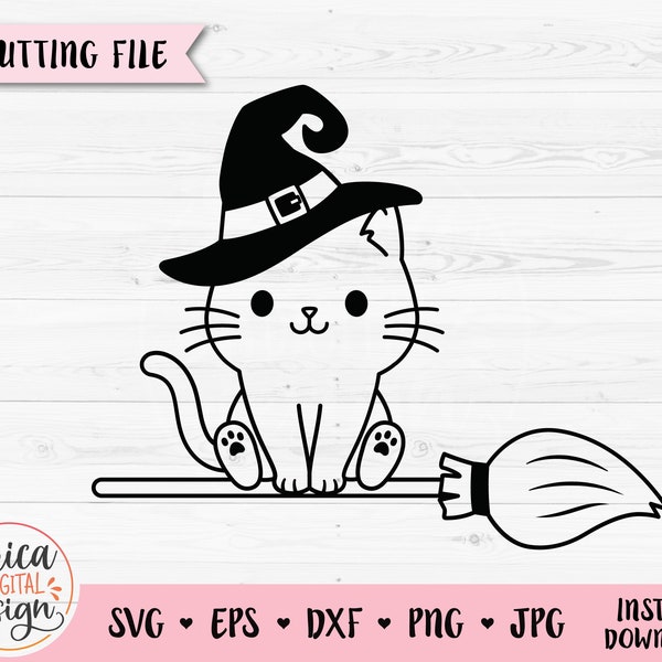 Halloween cat svg cut file Witch cat on broom Cute cat with witch hat Fall Kids Halloween shirt Silhouette Cricut Vinyl Laser engraving