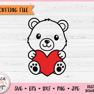 Oso con corazón SVG Lindo bebé oso contorno archivo recortado para Cricut Silhouette Woodland Forest animal Kids Valentine Baby shower Grabado láser