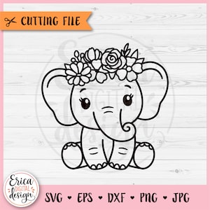 Baby Elephant SVG Cute Elephant Girl file di taglio per Cricut Silhouette Sweet Elephant Baby Shower Nursery Kawaii Ferro su incisione laser in vinile