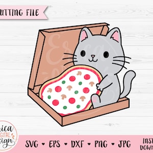 May include: A gray cat with a pizza slice in its paws sits inside a brown cardboard pizza box. The cat has a cute cartoon face with big eyes and a pink nose.