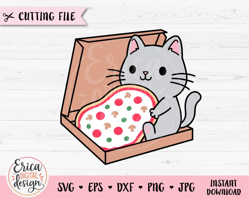 May include: A gray cat with a pizza slice in its paws sits inside a brown cardboard pizza box. The cat has a cute cartoon face with big eyes and a pink nose.