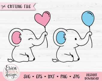 Baby Elephant SVG Cute Elephant Balloon cut file Baby Shower Boy Girl Shirt Bodysuit Kawaii Animal Silhouette Cricut Vinyl Laser Engraving