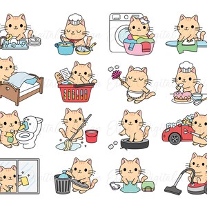 Puede incluir: Un conjunto de 12 ilustraciones que muestran a un gato de dibujos animados realizando diversas tareas dom&eacute;sticas. El gato se representa lavando los platos, cocinando, lavando la ropa, haciendo la cama, limpiando el ba&ntilde;o, fregando el suelo, limpiando las ventanas, sacando la basura, doblando la ropa, aspirando, lavando un coche y horneando un pastel.