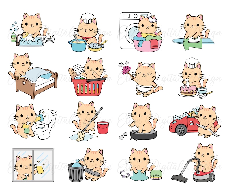 Puede incluir: Un conjunto de 12 ilustraciones que muestran a un gato de dibujos animados realizando diversas tareas dom&eacute;sticas. El gato se representa lavando los platos, cocinando, lavando la ropa, haciendo la cama, limpiando el ba&ntilde;o, fregando el suelo, limpiando las ventanas, sacando la basura, doblando la ropa, aspirando, lavando un coche y horneando un pastel.