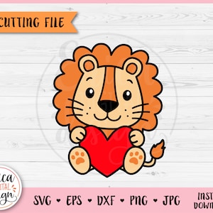 Uroczy lew z sercem warstwowy plik SVG do cięcia Cricut Silhouette Jungle Zoo Safari Animal Baby Lion Clipart PNG Valentine Love Iron on Vinyl