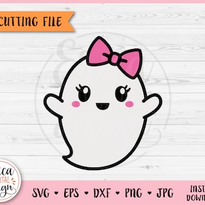 May include: A white ghost with a pink bow, big eyes, and a small smile. The ghost has a simple, cartoon-like design.