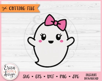 Ghost Girl layered SVG cut file Cricut Silhouette Boo Baby Ghost with Bow Kawaii Ghost Cute Halloween Clipart PNG Kids Girl Halloween Shirt