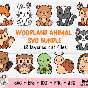 Woodland animals layered SVG cut file Cricut Silhouette Forest Fox Bunny Bear Skunk Deer Squirrel Raccoon Beaver Owl Turtle Snail Hedgehog