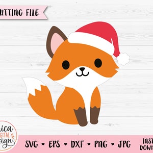 Renard de Noël SVG fichier coupé en couches Renard mignon avec chapeau de Père Noël Chemise de vacances d’hiver Body bébé Kawaii Ornement animal Silhouette Cricut Vinyle