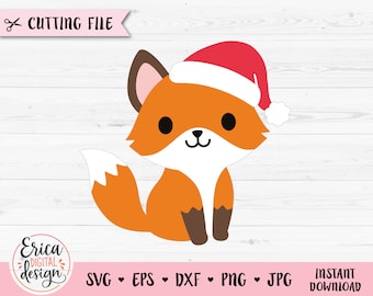 Christmas fox SVG layered cut file Cute fox with Santa hat Winter Holiday Shirt Baby Bodysuit Kawaii Animal ornament Silhouette Cricut Vinyl