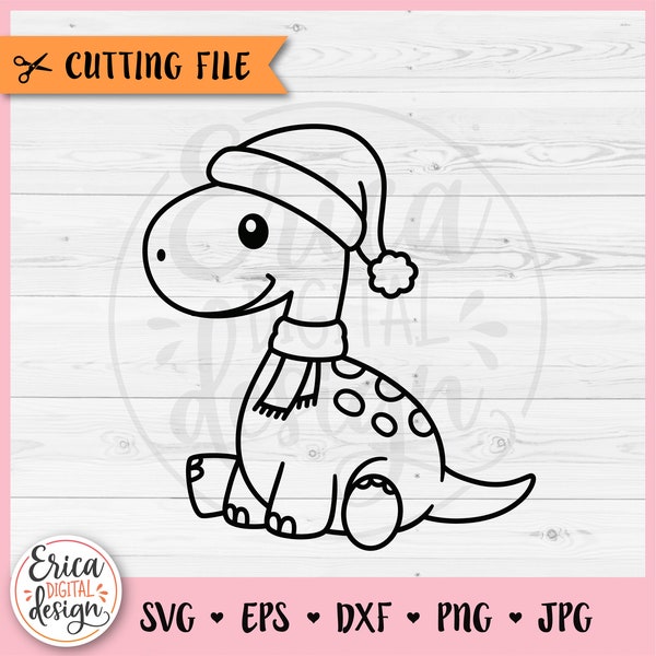 Christmas Dinosaur SVG Cute Dinosaur Outline cut file Cricut Silhouette Dino with Santa Hat Baby Dinosaur Kids Christmas Shirt Iron on Vinyl