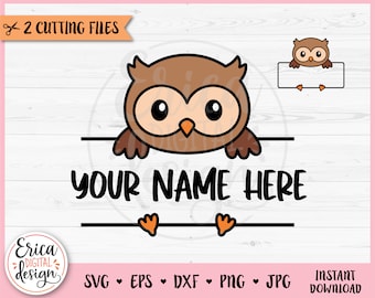 Cute Owl Clipart Split Monogram Layered SVG cut file Cricut Silhouette Student Name Tag School Classroom Label Frame Woodland Baby Animal