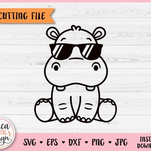 Hippopotame mignon avec lunettes de soleil contour SVG coupe fichier pour Cricut Silhouette Jungle Safari Zoo savane Animal PNG fer sur vinyle gravure au Laser