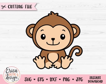 May include: A cartoon illustration of a brown monkey with a curled tail. The monkey has a big smile and large eyes. The monkey is sitting with its legs crossed.