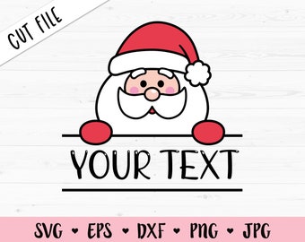 May include: A cartoon Santa Claus with a red hat and white beard peeking over a banner that says "YOUR TEXT".