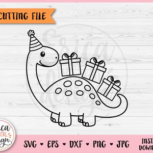 Dinosaurier Geburtstag Umriss SVG geschnittene Datei für Cricut Silhouette Baby Junge Geburtstag Dino Brontosaurus niedliches Tier Eisen auf Vinyl Lasergravur