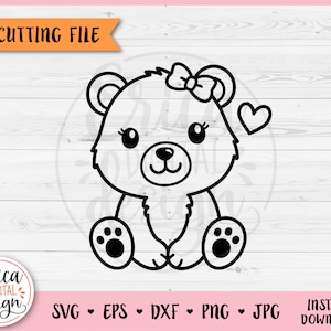 Baby Bear Girl Outline SVG file di taglio Cricut Silhouette Cute Teddy Bear Baby Shower Camicia Body Kawaii PNG Ferro su Vinile Incisione Laser