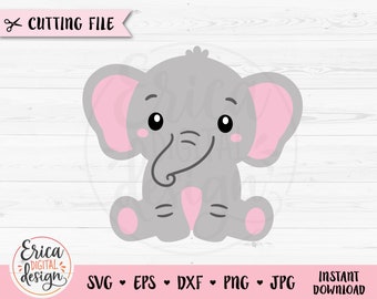May include: A cute cartoon gray elephant with pink ears and a pink belly sitting on a white wooden background.