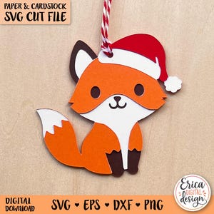 Étiquette cadeau renard de Noël SVG Père Noël renard coupe fichier papier cartonné Silhouette Cricut modèle étiquette cadeau ornement de vacances étiquette de nom cadeau animal de Noël