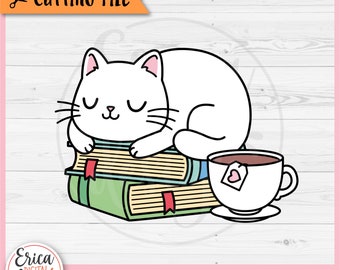 Cat SVG Kawaii Cat cut file Cricut Silhouette Cat Lover White Cat Sleeping and Books Cute Cat Clipart Pet Kitten PNG Cat Shirt Iron on Vinyl