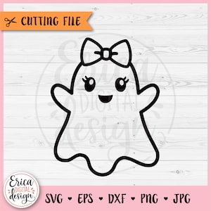Niedlicher Geist Umriss SVG Datei für Cricut Silhouette Geister Mädchen mit Schleife Boo Kawaii Geist Lustige Halloween Mädchen Clipart Kinder Halloween Shirt