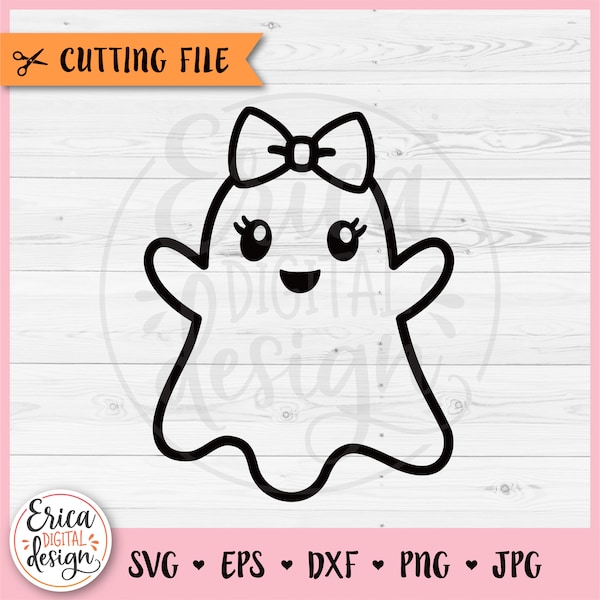 Cute Ghost outline SVG cut file for Cricut Silhouette Ghost Girl with Bow Boo Kawaii Ghost Funny Halloween Girl Clipart Kids Halloween Shirt