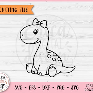 赤ちゃん恐竜女の子アウトライン SVG カットファイル Cricut シルエット ブロントサウルス ジュラ紀動物 幼児用シャツ ボディスーツ アイロン接着ビニール レーザー彫刻