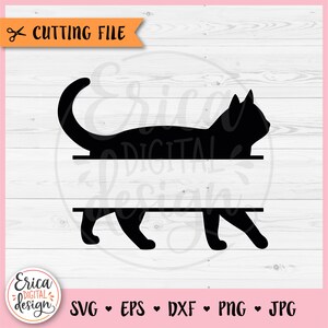 Puede incluir: Silueta negra de un gato con su cuerpo dividido en dos por una línea horizontal. La línea es para agregar texto, como un nombre. La imagen es para un archivo de corte digital.