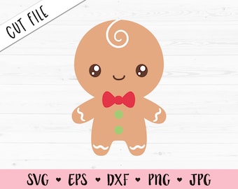 May include: A cartoon gingerbread person with a red bow tie and green buttons. The gingerbread person has a brown body, white eyes, and a white swirl on its head.