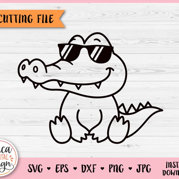 Cute Alligator with Sunglasses Outline SVG cut file for Cricut Silhouette Jungle Safari Zoo Savanna Animal PNG Iron on Vinyl Laser Engraving