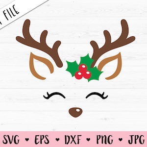 Reindeer face SVG Santa reindeer Holly cut file Christmas deer head Xmas Girl shirt Cute Holiday Baby Bodysuit Silhouette Cricut Vinyl Decal