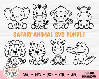 Safari animals outline SVG Cute african jungle animal cut file Cricut Silhouette Lion Tiger Hippo Giraffe Zebra Monkey Zoo Savanna Kids Baby