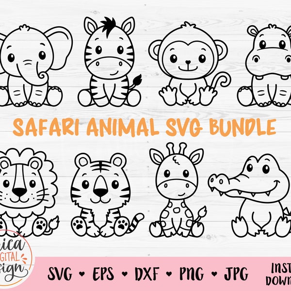 Contour d'animaux de safari SVG mignon animal de la jungle africaine coupe fichier Cricut Silhouette Lion tigre hippopotame girafe zèbre singe zoo savane enfants bébé