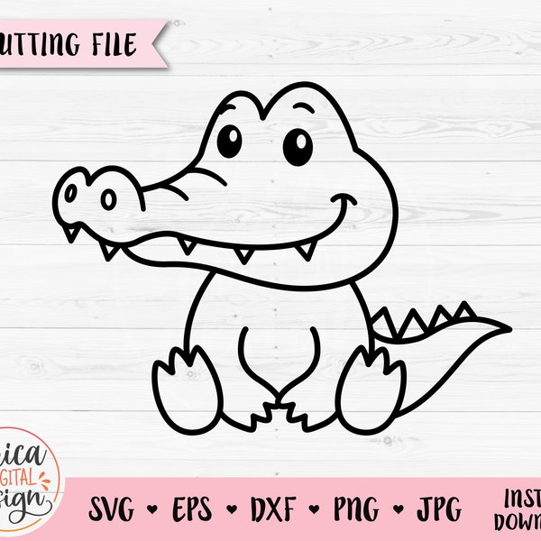 Alligator SVG Cute baby crocodile Gator outline cut file Cricut Silhouette Reptile Jungle Safari Zoo African Animal PNG Kids Laser engraving