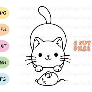 Cute cat outline SVG cut file Kawaii cat mouse cutting file Kitty digital stamp Funny animals vector  EPS DXF Silhouette Cricut Decal Vinyl