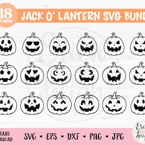 Peut inclure: Un ensemble de 18 designs SVG de citrouilles d'Halloween en noir et blanc. Chaque design présente une expression faciale différente, y compris sourire, clin d'œil et lunettes de soleil.