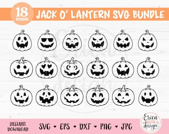 Jack O Lantern SVG Bundle cut file Cricut Silhouette Fall Halloween Pumpkins Clipart Jack-O-Lantern Faces PNG Autumn Harvest Spooky Season