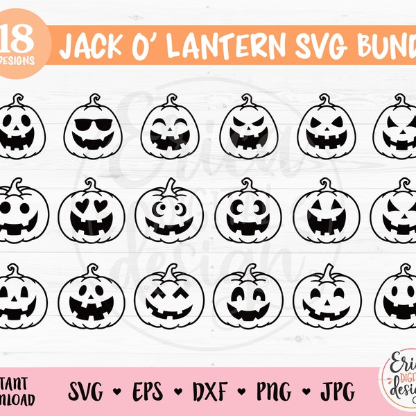 Jack O Lantern SVG Bundle cut file Cricut Silhouette Fall Halloween Pumpkins Clipart Jack-O-Lantern Faces PNG Autumn Harvest Spooky Season