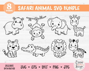 Safari animals outline SVG cut file Cricut Silhouette Cute african jungle animal Lion Tiger Hippo Giraffe Zebra Monkey Zoo Savanna Kids Baby