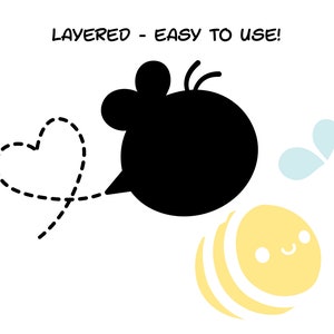 May include: A black and white illustration of a bee with a heart-shaped trail behind it. The bee has a round body and a pair of antennae. The bee is layered on top of a yellow and white striped bee with a smiling face.