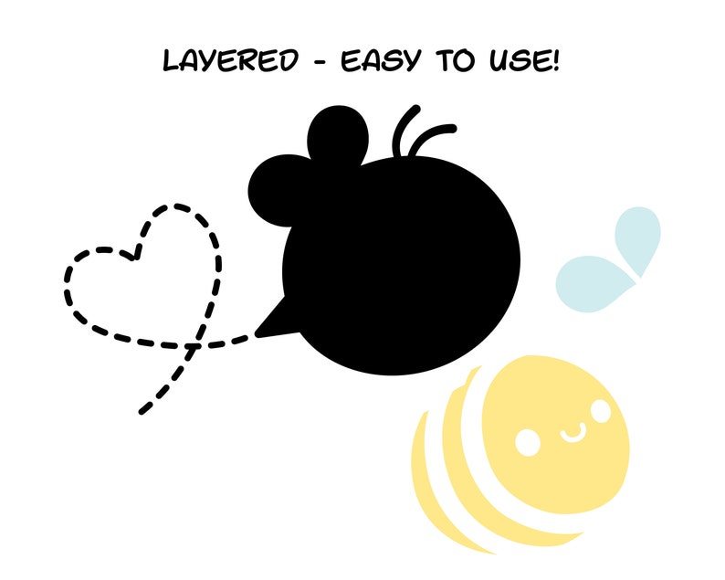 May include: A black and white illustration of a bee with a heart-shaped trail behind it. The bee has a round body and a pair of antennae. The bee is layered on top of a yellow and white striped bee with a smiling face.