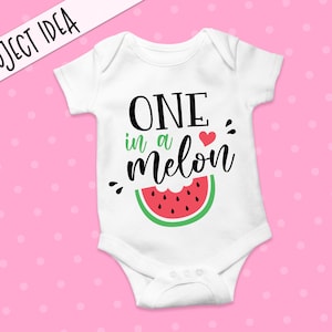May include: White baby onesie with the text "ONE in a melon" in black script with a red heart and a watermelon graphic.