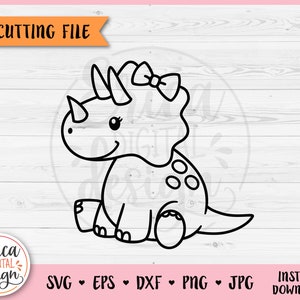 Baby Dinosaurier Mädchen mit Schleife Umriss SVG Datei Cricut Silhouette niedlich Dino Triceratops Mädchen Shirt Body Aufbügeln Lasergravur