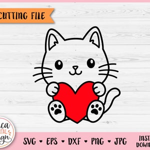 Chat avec coeur SVG mignon bébé chat contour coupe fichier pour Cricut Silhouette chaton animaux animaux enfants Valentine Baby shower Laser gravure sticker
