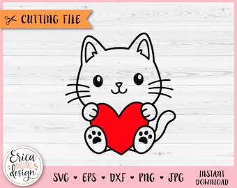 Cat with heart SVG Cute baby cat outline cut file for Cricut Silhouette Kitten Pets Animal Kids Valentine Baby shower Laser engraving Decal