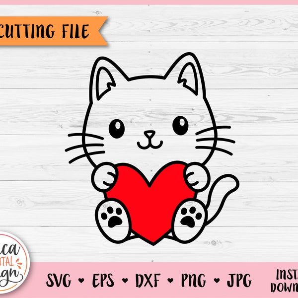 Cat with heart SVG Cute baby cat outline cut file for Cricut Silhouette Kitten Pets Animal Kids Valentine Baby shower Laser engraving Decal