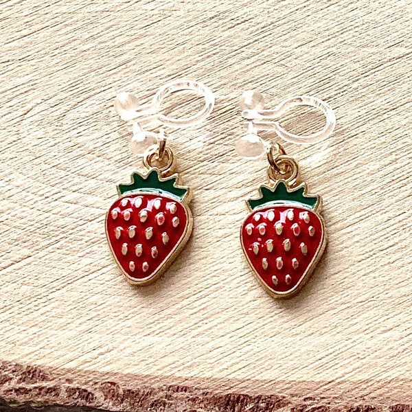 Transparente schmerzfreie  Ohrclips +Emaille Erdbeeren Ohrschmuck Ohrringe ohne Ohrloch Kinderschmuck Mädchenschmuck Frauenschmuck Geschenk