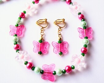 Girls' jewelry set necklace and ear clips "pink butterflies" girls' jewelry children's jewelry birthday gift idea